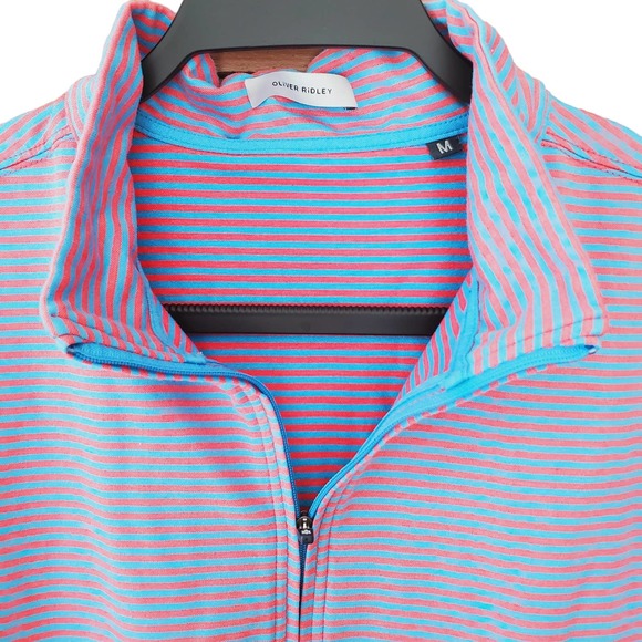 Oliver Ridley Mens 1/4 Zip Striped Pullover Long Sleeve Golf Top Sz M Pink Blue - Picture 1 of 8